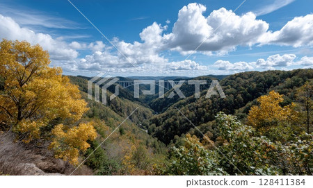 Colorful autumn leaves blanket the valley as a bridge spans the landscape, showcasing nature s beauty during the fall season Colorful autumn leaves blanket the valley as a bridge spans the landscape, showcasing nature s beauty during the fall season 128411384