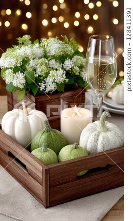 Charming autumn wedding table setting showcases pumpkins, candles, and wine glasses, creating a cozy, inviting atmosphere for guests 128411391