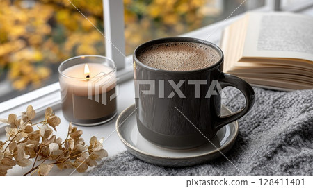 Cup of coffee beside an open book and candle on a window sill overlooking colorful autumn leaves, perfect for relaxation and reading 128411401