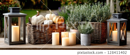 Enjoy the warm ambiance of fall with a basket of fruits and vegetables, colorful pumpkins, and flickering lanterns on a rustic table 128411402