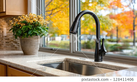 A minimalist kitchen showcases a sleek black faucet and white countertop, with autumn colors visible through the window 128411406