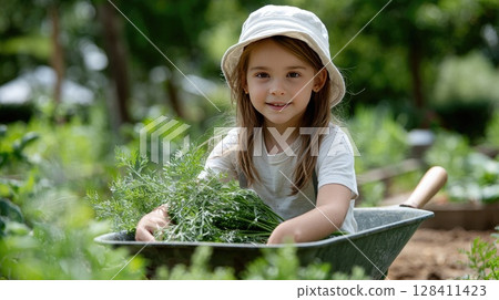 Young girl wearing a hat collects vibrant vegetables in her wheelbarrow while playing in a sunny garden filled with greenery 128411423