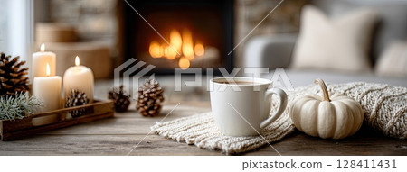 Warm coffee sits next to a pumpkin and pine cones, with a crackling fireplace creating a cozy atmosphere for fall 128411431