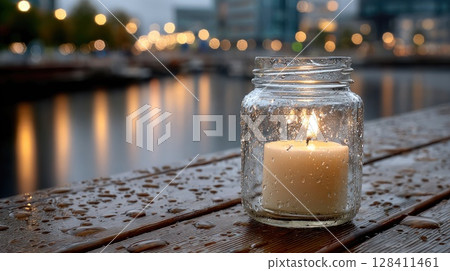 A glass jar filled with water and a candle glows softly on a wooden dock, creating a peaceful ambiance amidst the night 128411461