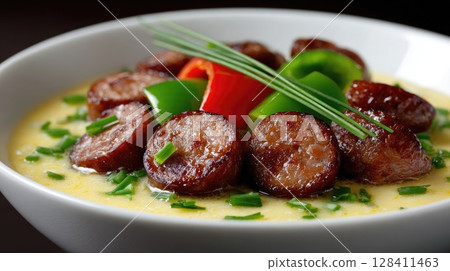 Creamy soup featuring kielbasa, potatoes, and fresh vegetables served in a decorative bowl on a sunlit tablecloth 128411463