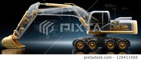 A yellow excavator's intricate details stand out against construction blueprints, showcasing precision craftsmanship 128411488