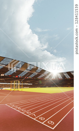 3D running track and empty lanes in sunlight with roofed stadium 128411539
