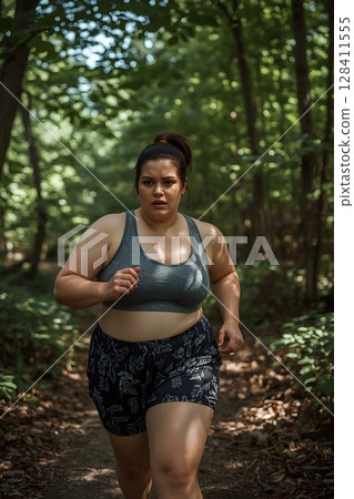 Energetic Plus Size Woman Running in Lush Forest Energetic Plus Size Woman Running in Lush Forest 128411555