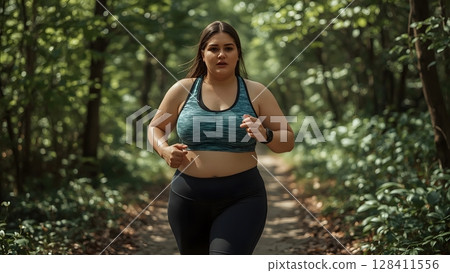 Energetic Plus Size Woman Running in Lush Forest Energetic Plus Size Woman Running in Lush Forest 128411556