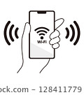 一隻手握著連接到 Wi-Fi 的智慧型手機的插圖 一隻手握著連接到 Wi-Fi 的智慧型手機的插圖 128411779