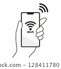 一隻手握著連接到 Wi-Fi 的智慧型手機的插圖 一隻手握著連接到 Wi-Fi 的智慧型手機的插圖 128411780