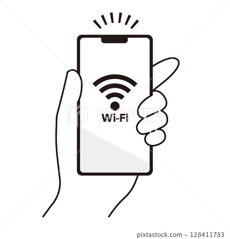 Illustration of a hand holding a smartphone connected to Wi-Fi 128411783