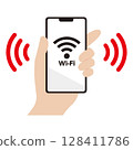 一隻手握著連接到 Wi-Fi 的智慧型手機的插圖 一隻手握著連接到 Wi-Fi 的智慧型手機的插圖 128411786