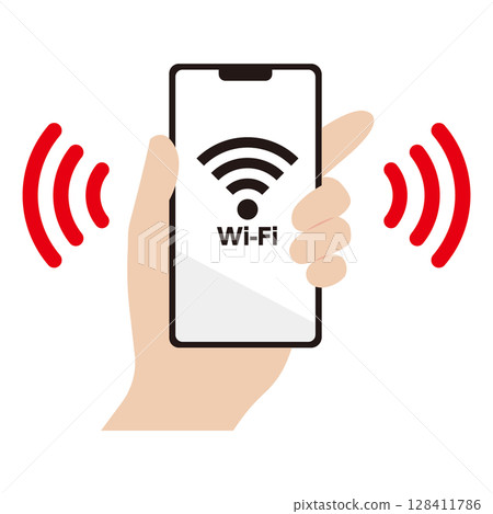 Illustration of a hand holding a smartphone connected to Wi-Fi 128411786