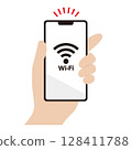 一隻手握著連接到 Wi-Fi 的智慧型手機的插圖 一隻手握著連接到 Wi-Fi 的智慧型手機的插圖 128411788