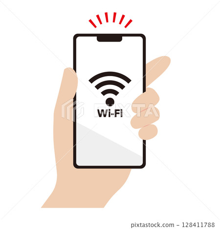 一隻手握著連接到 Wi-Fi 的智慧型手機的插圖 128411788