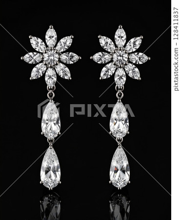 Diamond Flower Earrings on Black Background Diamond Flower Earrings on Black Background 128411837