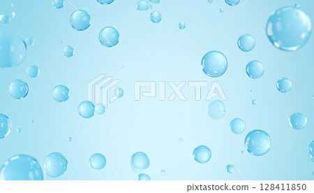 Crystal clear water drops reflect on a blue, wet glass surface, showcasing a transparent and clean liquid texture 128411850