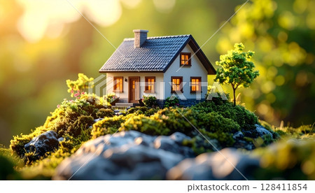 A quaint cottage with a green roof nestled amongst the trees in a summer forest 128411854
