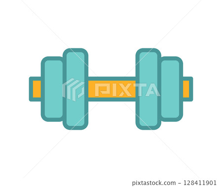Vibrant teal and gold dumbbell icon, perfect for fitness apps, websites, or gymrelated designs.  Clean, modern style.  Simple yet effective visual representation of strength training. 128411901