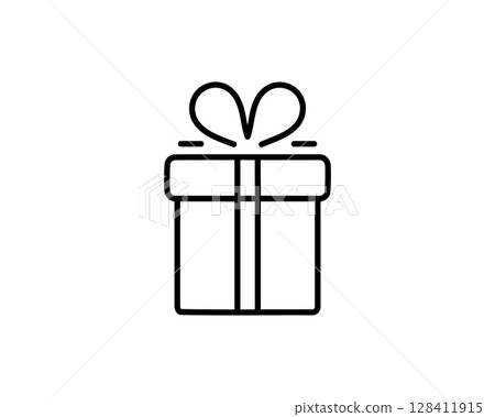 Clean, minimalist line art icon of a gift box with a bow. Perfect for websites, apps, and presentations needing a simple yet elegant gift symbol. 128411915