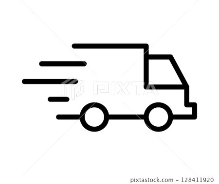 Fast delivery truck icon.  Bold black line art style, perfect for websites, apps, or presentations needing a quick, modern delivery symbol. Represents speed, efficiency, and transportation. 128411920