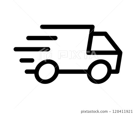 Fast delivery truck icon. Bold, minimalist line art style. Perfect for websites, apps, and presentations needing a clean, modern delivery symbol. 128411921