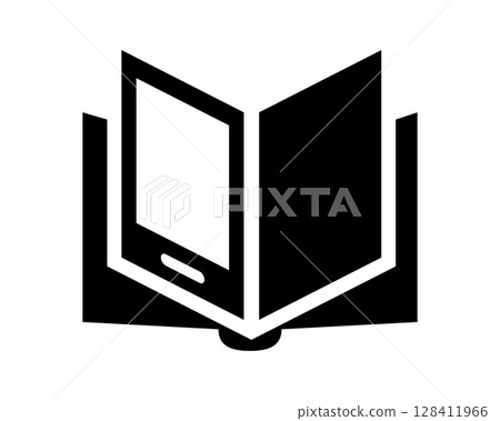 Minimalist icon of an open book with a screen inside. Symbolizes digital learning, ebooks, or the fusion of technology and traditional knowledge. Use for educational platforms, apps. 128411966