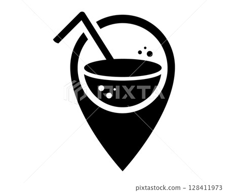 Modern, bold icon of a drink with a straw inside a map marker, suggesting a vacation destination, favorite bar location or refreshing find.  Clean vector design. Versatile use. 128411973