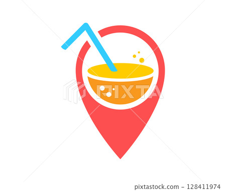 A refreshing, modern logo icon featuring a vibrant drink within a map pin. Perfect for travel, food apps, or summer promotions. Bright colors convey energy and fun. 128411974