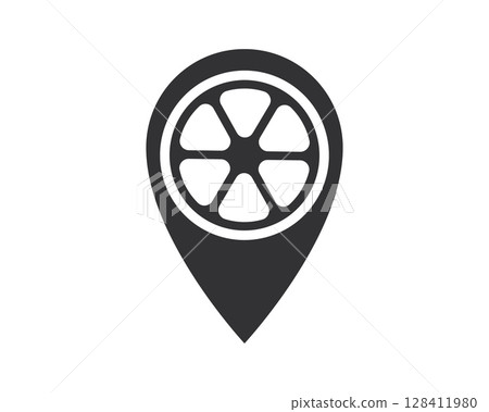 Minimalist vector illustration of a location pin symbol. Inside is a wheel. Perfect for transportation, travel, or technologythemed projects. Clean, modern design. Minimalist vector illustration of a location pin symbol. Inside is a wheel. Perfect for transportation, travel, or technologythemed projects. Clean, modern design. 128411980