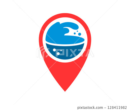 Abstract location icon featuring a stylized blue wave, suitable for travel, ocean, or navigation themes. Clean, modern design with a bright red locator pin shape. 128411982