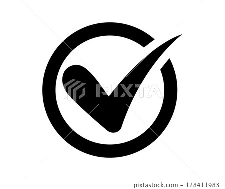 Black check mark icon inside a circle. Symbolizes approval, confirmation, success, or agreement. Clean, simple design for various purposes. Black check mark icon inside a circle. Symbolizes approval, confirmation, success, or agreement. Clean, simple design for various purposes. 128411983