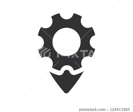 Gear pin icon. Symbol for location of machinery, industrial processes, or engineering services. Clean and modern. Ideal for web, apps and print. Gear pin icon. Symbol for location of machinery, industrial processes, or engineering services. Clean and modern. Ideal for web, apps and print. 128411985
