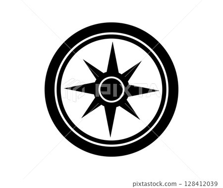 Clean black  white graphic design featuring a compass rose. Symbolizes navigation, guidance, direction. Versatile for travel, exploration, or tech projects. 128412039