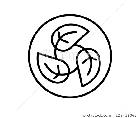 Minimalist line art icon featuring three stylized leaves within a circle. Represents nature, organic concepts, ecology, and sustainability. Perfect for logos, web design, and branding. 128412062