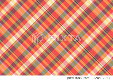 Vibrant diagonal plaid pattern in warm autumnal hues.  Perfect for textile designs, website backgrounds, or crafting projects. This cheerful, seamless texture evokes feelings of warmth and comfort. 128412087