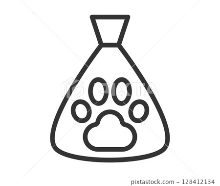 Minimalist outline graphic of a pet food bag with a paw print. Symbolizes animal care, nutrition, and pet supplies. Clean, simple design ideal for websites or apps. Minimalist outline graphic of a pet food bag with a paw print. Symbolizes animal care, nutrition, and pet supplies. Clean, simple design ideal for websites or apps. 128412134