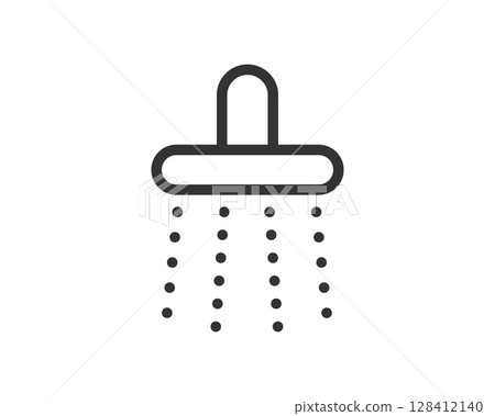 Clean line icon of a shower head with water droplets. Symbol of hygiene, relaxation, or cleansing. Ideal for app design, web elements, or representing selfcare concepts. 128412140