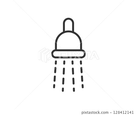 Simple line art icon of a shower head with water droplets falling. Symbolizes cleanliness, hygiene, washing, bathroom, and relaxation. Use for web design, app icons, or print materials. 128412141