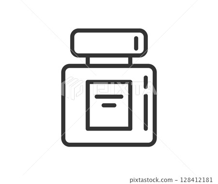 Minimalist line art icon of a square bottle with a lid. Ideal for illustrating aromatherapy, cosmetics, or health wellness concepts. Clean, simple design. Versatile graphic element. Minimalist line art icon of a square bottle with a lid. Ideal for illustrating aromatherapy, cosmetics, or health wellness concepts. Clean, simple design. Versatile graphic element. 128412181