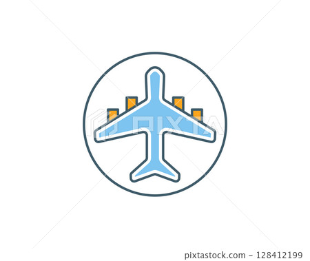Clean, modern icon of an airplane inside a circle. Perfect for travel, aviation, and transportation websites, apps, or presentations. Clean, modern icon of an airplane inside a circle. Perfect for travel, aviation, and transportation websites, apps, or presentations. 128412199