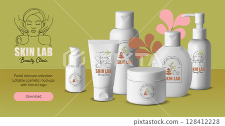 Cosmetic Banner with Mockups and Line Art Beauty Logo. Facial Skincare Branding Kit in a vector illustration 128412228