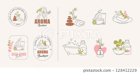 Aromatherapy Line Art Logos and Vector Spa Elements for Organic Beauty Brands. Collection of elegant outline logos and decorative illustrations 128412229