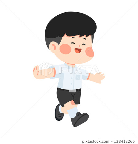 Cartoon Illustration of a Boy Running in School Uniform 128412266