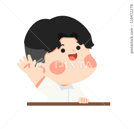 School boy extending hand to pick up an item 128412270