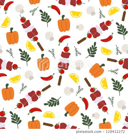 Grilled meat with vegetables seamless pattern 128412272