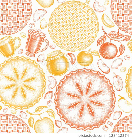 Hand Drawn Vector Apple Pie Seamless Pattern. Not AI Generated. Autumn Seasonal Background. Fall Season Cozy Mood Illustration. Vintage Harvest Design Banner. 128412274