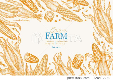 Hand Drawn Vector Sweet Corn Illustration. Not AI Generated. Autumn Seasonal Background. Fall Season Farm Banner. Vintage Harvest Design Template. 128412280