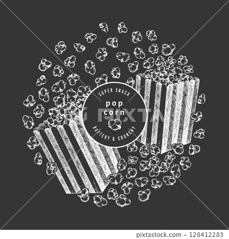 Hand Drawn Vector Pop Corn Illustration. Not AI Generated. Movie Night Chalk Board Background. Old Fashioned American Culture Banner. Vintage Popcorn Design Template. 128412283